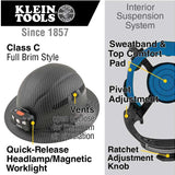 Klein Tools Premium Karbn Pattern Class C Hard Hat with Rechargeable Headlamp - 400 Lumens - Uses Built-In Li-ion Battery Pack