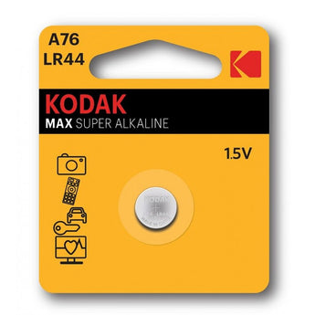 Kodak LR44 Coin Cell Battery in Retail Card Packaging - Front View