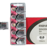 Maxell SR43SW 301 100mAh 1.55V Silver Oxide Button Cell Battery - Hologram Packaging - 1 Piece Tear Strip, Sold Individually