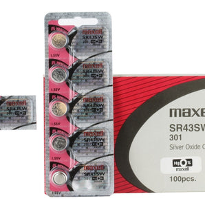 Maxell SR43SW 301 100mAh 1.55V Silver Oxide Button Cell Battery - Hologram Packaging - 1 Piece Tear Strip, Sold Individually