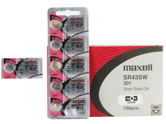 Maxell SR43SW 301 100mAh 1.55V Silver Oxide Button Cell Battery - Hologram Packaging - 1 Piece Tear Strip, Sold Individually