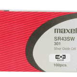 Maxell SR43SW 301 100mAh 1.55V Silver Oxide Button Cell Battery - Hologram Packaging - 1 Piece Tear Strip, Sold Individually