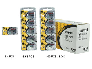 Maxell SR516SW 317 12.5mAh 1.55V Silver Oxide Button Cell Battery - Hologram Packaging - 1 Piece Tear Strip, Sold Individually