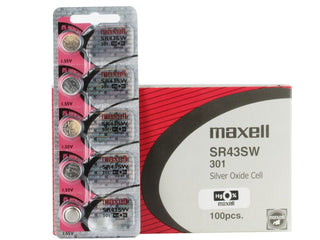 Maxell SR43SW 301 100mAh 1.55V Silver Oxide Button Cell Battery - Hologram Packaging - 1 Piece Tear Strip, Sold Individually