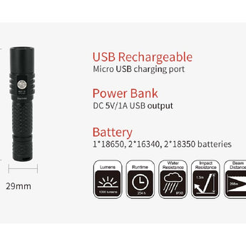 MecArmy MOT10 USB Rechargeable Pocket Powerbank Flashlight - CREE XPL-HI V3 LED - 1000 Lumens - Uses 1 x 18650, 2 x 16340, 2 x 18350, or 2 x CR123A