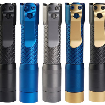 MecArmy PS14 Ti Titanium Neutral, Cool White Dual Color EDC Flashlight - 2 x CREE XPL-HD LEDs - 1200 Lumens - Uses 1 x 14500 (Included) or 1 x AA - Black and Gold or Sandblasted