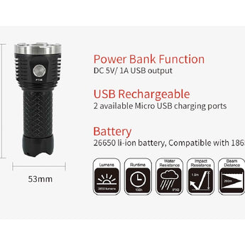 MecArmy PT26 Rechargeable Power Bank Flashlight - 9x CREE XP-G2 S4 LEDs - 3850 Lumens - Uses 1 x 26650 (Included) or 1 x 18650
