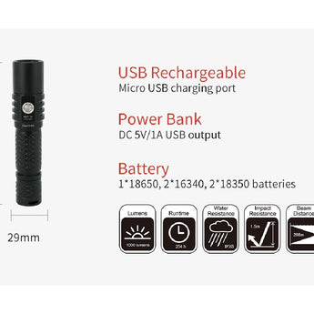 MecArmy MOT10 USB Rechargeable Pocket Powerbank Flashlight - CREE XPL-HI V3 LED - 1000 Lumens - Uses 1 x 18650, 2 x 16340, 2 x 18350, or 2 x CR123A