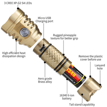 MecArmy PT16-BS Brass Ultra Bright Rechargeable Flashlight - 3 x CREE XP-G2 LEDs - 1200 Lumens - Uses 1 x 16340 (Included) or 1 x 18350 - Brass