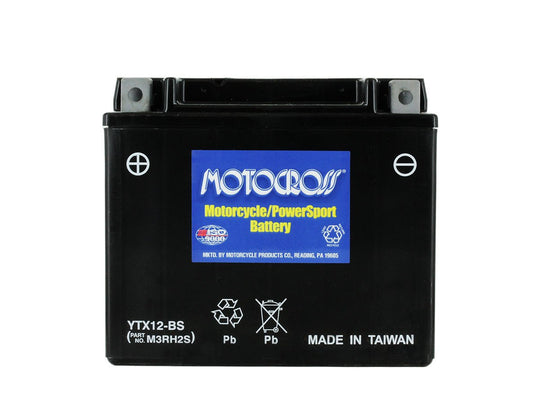 Motocross AGM High Performance YTX12-BS 180CCA 10Ah 12V Rechargeable Sealed Lead Acid (SLA) Battery - NB Terminal