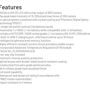 Nitecore MT1A Pro LED Flashlight - 800 Lumens - NiteLab Uhi 25 - Includes 1 x 14500 with Built-in USB-C Charging Port