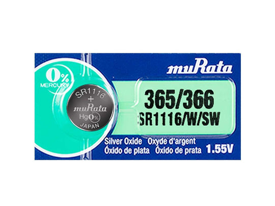 MuRata SR1116W 365 33mAh 1.55V Silver Oxide Watch Battery - 1 Piece Tear Strip