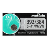MuRata SR41W 392 1.55V Silver Oxide Button Cell Battery (LR41 AG3. SR41, SR736, SB-B1, V36A) - 1 Piece Tear Strip, Sold Individually