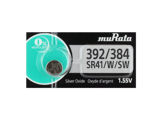 MuRata SR41W 392 1.55V Silver Oxide Button Cell Battery (LR41 AG3. SR41, SR736, SB-B1, V36A) - 1 Piece Tear Strip, Sold Individually