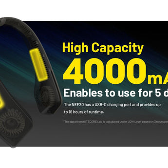 Nitecore NEF20 USB-C Rechargeable Neck Fan - Uses Built-in 4000mAh Li-ion Battery Pack