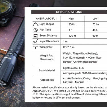 Nextorch C2 LED Flashlight - CREE XP-G3 - 250 Lumens - Includes 2 x AA