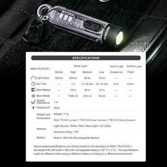 Nextorch K40 USB-C Rechargeable LED Keychain Flashlight - 700 Lumens - Uses Built-in 180mAh Li-ion Battery Pack