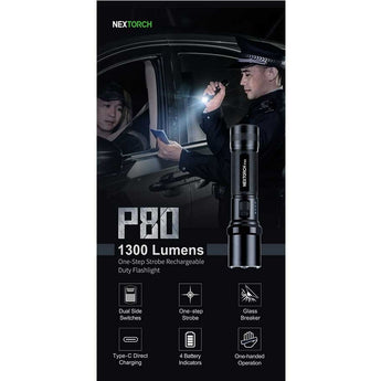 Nextorch P80 USB-C Rechargeable LED Flashlight - 1300 Lumens - Osram P9 - Includes 1 x 18650