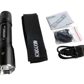 Nextorch TA40 Tactical Flashlight with its included accessories