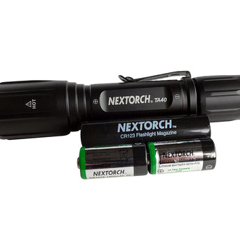Nextorch TA40 Tactical Flashlight with its included batteries