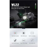 Nextorch WL22 USB-C Rechargeable LED Weapon Light - 650 Lumens - Osram P9 - Includes Built-In Li-ion Battery Pack - With Choice of Red or Green Laser