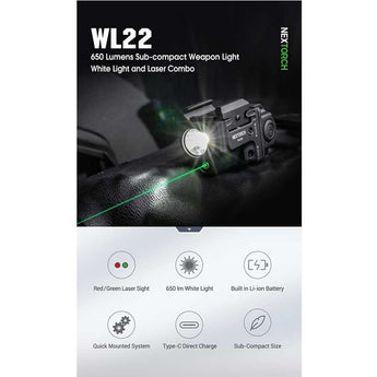 Nextorch WL22 USB-C Rechargeable LED Weapon Light - 650 Lumens - Osram P9 - Includes Built-In Li-ion Battery Pack - With Choice of Red or Green Laser