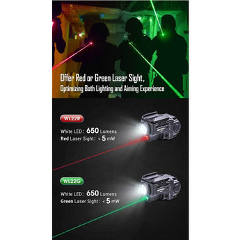 Nextorch WL22 USB-C Rechargeable LED Weapon Light - 650 Lumens - Osram P9 - Includes Built-In Li-ion Battery Pack - With Choice of Red or Green Laser