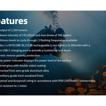 Nitecore DL30 LED Diving Flashlight - 1100 Lumens - Includes 1 x NL2153R