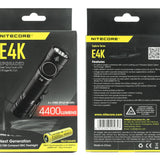 Nitecore E4K Compact EDC Flashlight - 4 x CREE XP-L2 V6 - 4400 Lumens - Uses 1 x USB-C Rechargeable 21700 (Included) or 2 x CR123A or 2 x RCR123