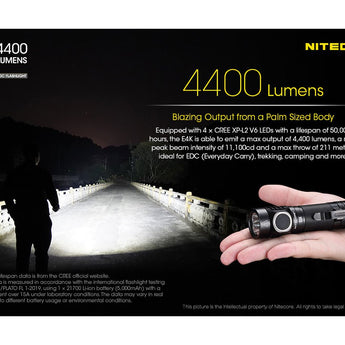 Nitecore E4K Compact EDC Flashlight - 4 x CREE XP-L2 V6 - 4400 Lumens - Uses 1 x USB-C Rechargeable 21700 (Included) or 2 x CR123A or 2 x RCR123
