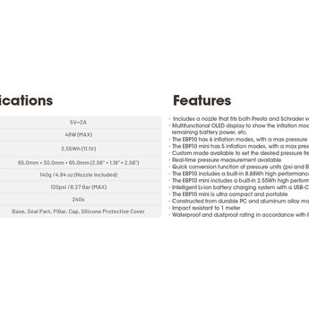 Nitecore EBP10 Mini Portable Electric Pump - 120psi Max - Uses Built-in 11.1V 2.55Wh Li-ion Battery Pack