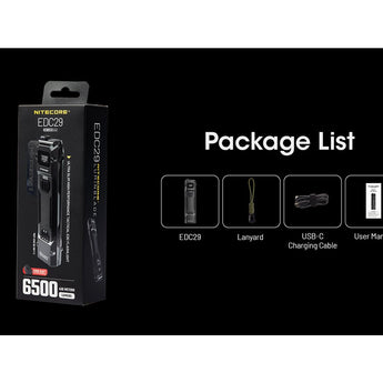 Nitecore EDC29 USB-C Rechargeable LED Flashlight - 6500 Lumens - 2 x NiteLab UHi 20 - Uses Built-in 2500mAh Li-ion Battery Pack