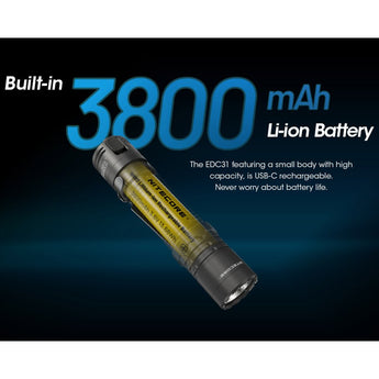 Nitecore EDC31 USB-C Rechargeable LED Flashlight - 3500 Lumens - NiteLab 9-Core UHi 20 - Uses Built-in 3800mAh Li-ion Battery