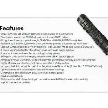 Nitecore EDC31 USB-C Rechargeable LED Flashlight - 3500 Lumens - NiteLab 9-Core UHi 20 - Uses Built-in 3800mAh Li-ion Battery