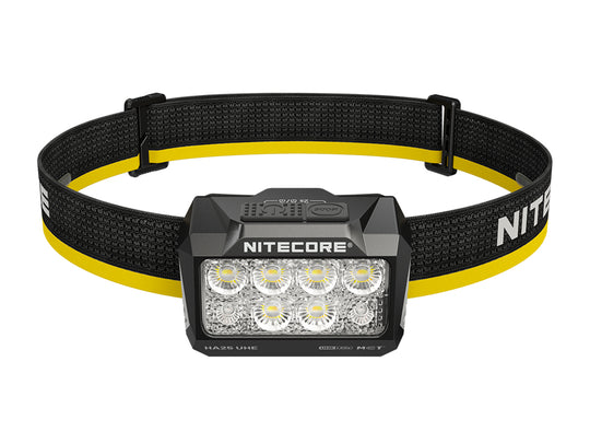 Nitecore headlight with black and yellow strap on a white background