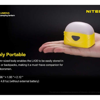 Nitecore LA30 Bi-Fuel Camping Lantern - 8 x CRI LEDs and 3 x Red LEDs - 250 Lumens - Includes Built-In 1800mAh Li-Ion Battery Pack - Yellow