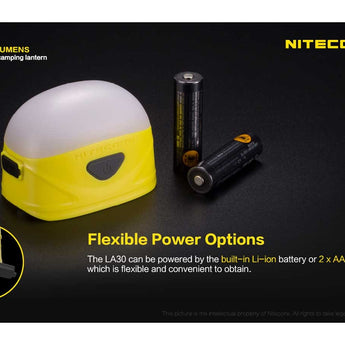 Nitecore LA30 Bi-Fuel Camping Lantern - 8 x CRI LEDs and 3 x Red LEDs - 250 Lumens - Includes Built-In 1800mAh Li-Ion Battery Pack - Yellow
