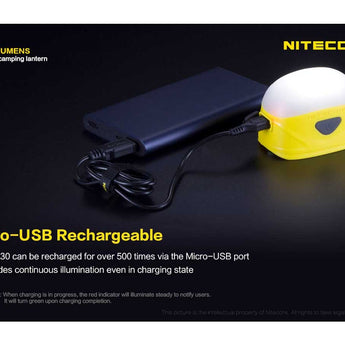 Nitecore LA30 Bi-Fuel Camping Lantern - 8 x CRI LEDs and 3 x Red LEDs - 250 Lumens - Includes Built-In 1800mAh Li-Ion Battery Pack - Yellow