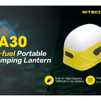 Nitecore LA30 Bi-Fuel Camping Lantern - 8 x CRI LEDs and 3 x Red LEDs - 250 Lumens - Includes Built-In 1800mAh Li-Ion Battery Pack - Yellow