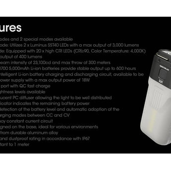 Nitecore LR70 USB-C Rechargeable LED Flashlight - 3000 Lumens - Luminus SST40 - Uses Built-in Li-ion Battery Pack