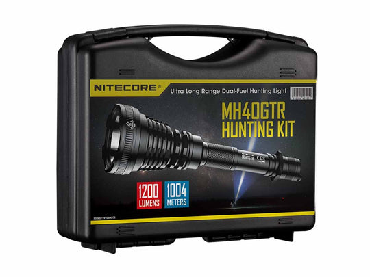 Nitecore MH40GTR Hunting Kit - CREE XP-L HI V3 LED - 1200 Lumens - Includes 2 x 18650, Lanyard, NFR70 Filter, NFG70 Filter, Tactical Ring, Holster, RSW1 Remote Switch, AC Adapter and GM02 Mount