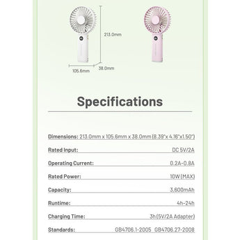 Nitecore NEF03 Rechargeable Handheld Fan - Uses Built-in 3600mAh Li-ion Battery Pack - White or Pink