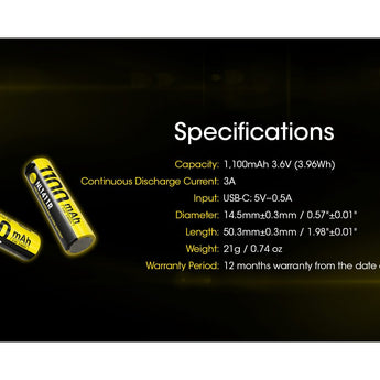 Nitecore NL1411R 14500 1100mAh 3.6V Protected 3A Lithium Ion (Li-ion) Button Top Battery with USB-C Charging Port