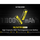 Nitecore NL1411R 14500 1100mAh 3.6V Protected 3A Lithium Ion (Li-ion) Button Top Battery with USB-C Charging Port
