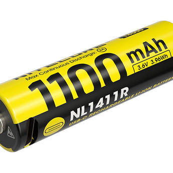 Nitecore NL1411R 14500 1100mAh 3.6V Protected 3A Lithium Ion (Li-ion) Button Top Battery with USB-C Charging Port