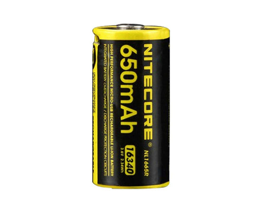 Nitecore NL1665R 16340 650mAh 3.6V Protected Lithium Ion (Li-ion) Button Top Battery with Built In Micro-USB Charging Port