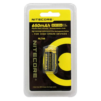 Nitecore NL166 RCR123A / 16340 650mAh 3.7V Protected Lithium Ion (Li-ion) Button Top Battery - Blister Pack