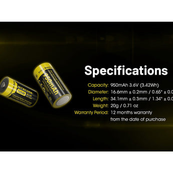 Nitecore NL169 RCR123A / 16340 950mAh 3.6V Protected Lithium Ion (Li-ion) Button Top Battery