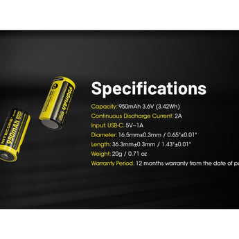Nitecore NL169R 16340 950mAh 3.6V Lithium Ion (Li-ion) Button Top Battery with USB-C Charging Port