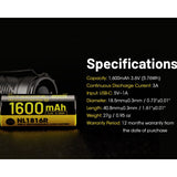Nitecore NL1816R 18350 1600mAh 3.6V Lithium Ion (Li-ion) Button Top Battery with USB-C Charging Port
